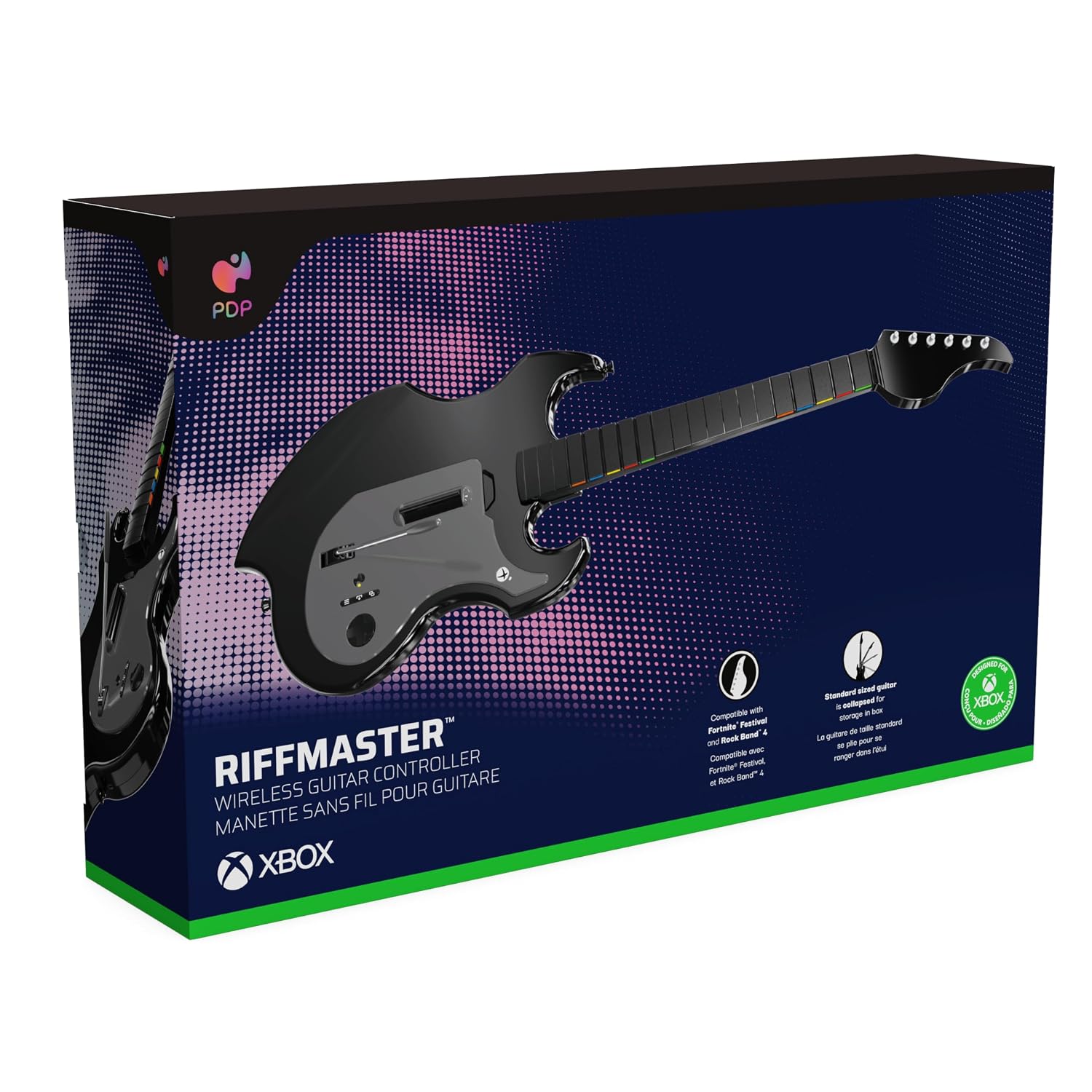 PDP Riffmaster Wireless Guitar Controller for Xbox Series X|S. Xbox One. PC | Licensed for Xbox. Rock Band 4 & Fortnite Festival. 3.5mm audio jack. Rechargeable 36-Hr Battery. Collapsible Design - Black